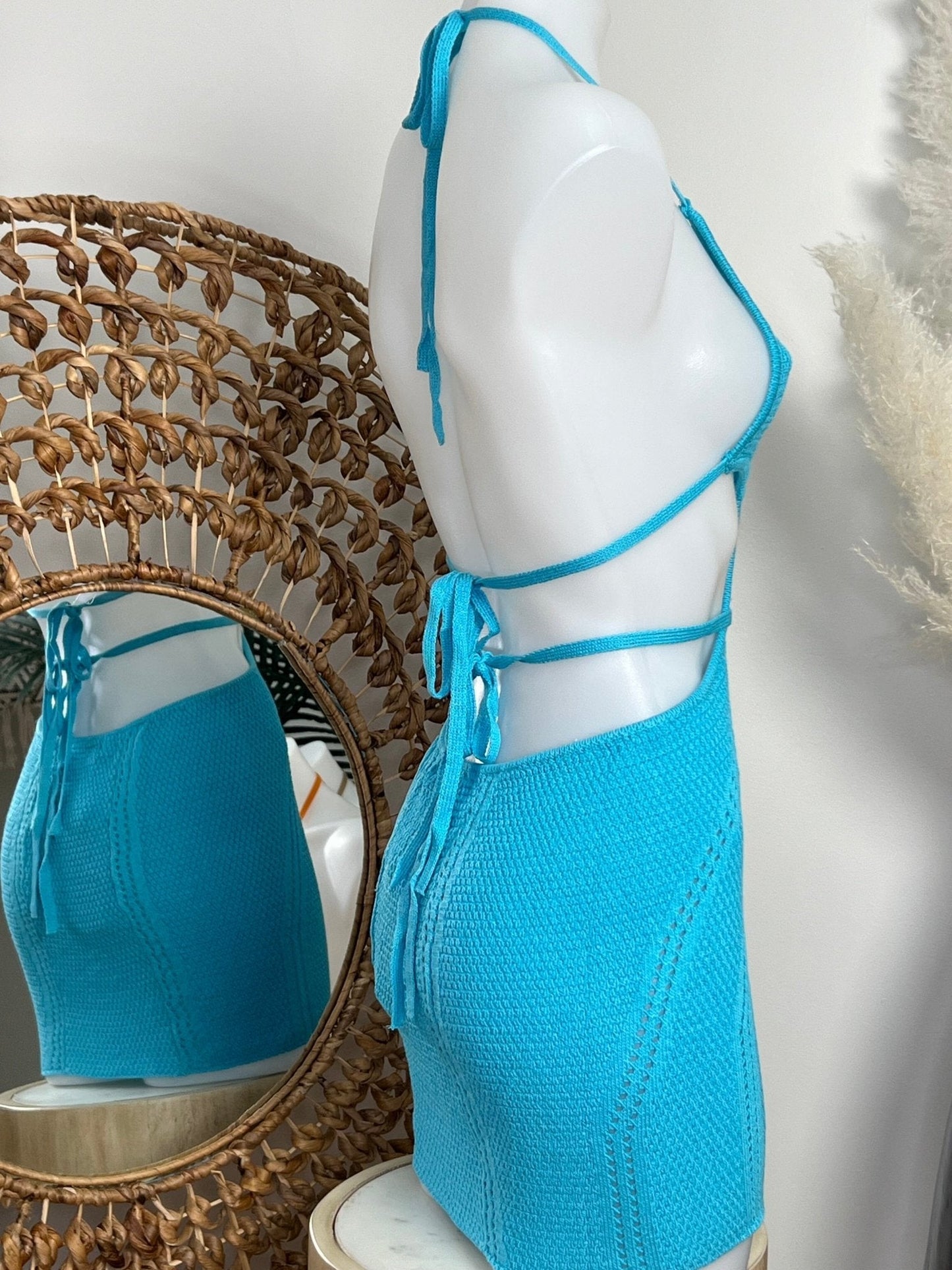CROCHET BEACH MINI DRESS - SKY BLUE - Berry Beachy Swimwear